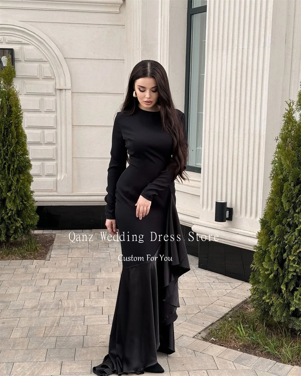 Qanz Arab Black Vintage O Neck Sukienki Pełne rękawy Syrenka Arabia Saudyjska Suknie wieczorowe Robe Soiree De Luxe Dostosowane