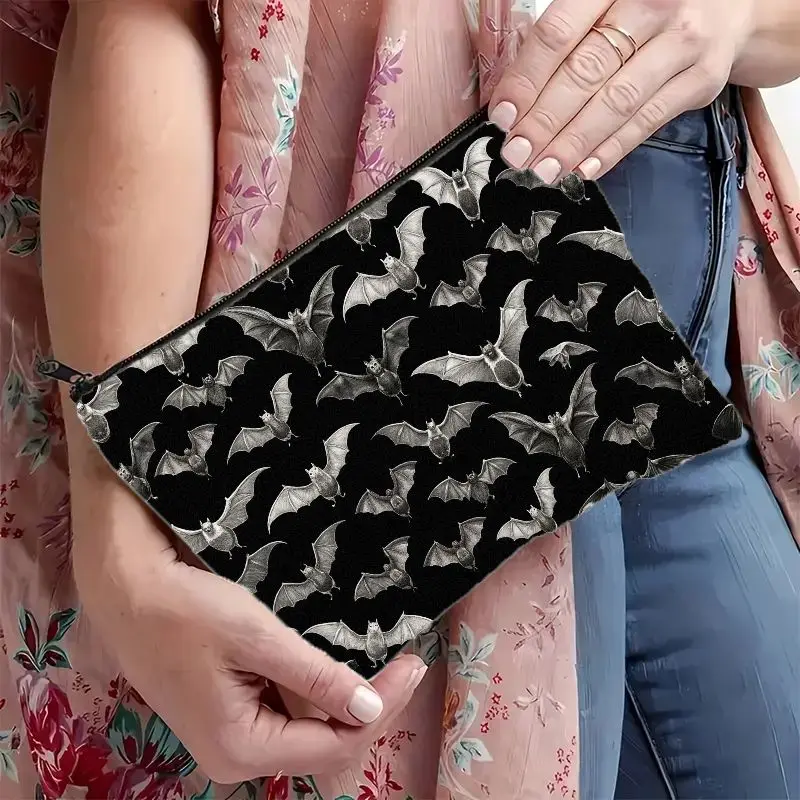 1pc Halloween Theme Black White Bat Makeup Bag perfect for storing cosmetics, stationery, cables, snacks, toiletries, essentials