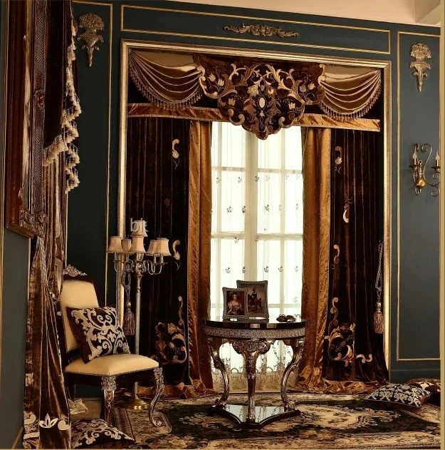 

Latest Design Bronzing Blackout Valance Curtain, Antique Embroidery Finished Velvet Fabric Curtain