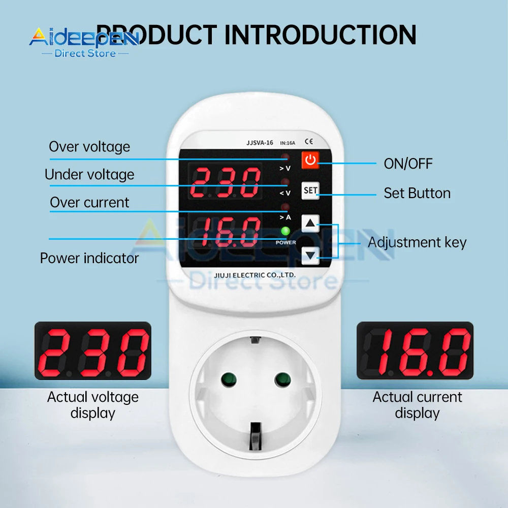 Automatic Over Voltage Current Under Voltage Protector Socket AC 220V Adjustable 16A Surge Protector EU Plug Socket Safe Protect