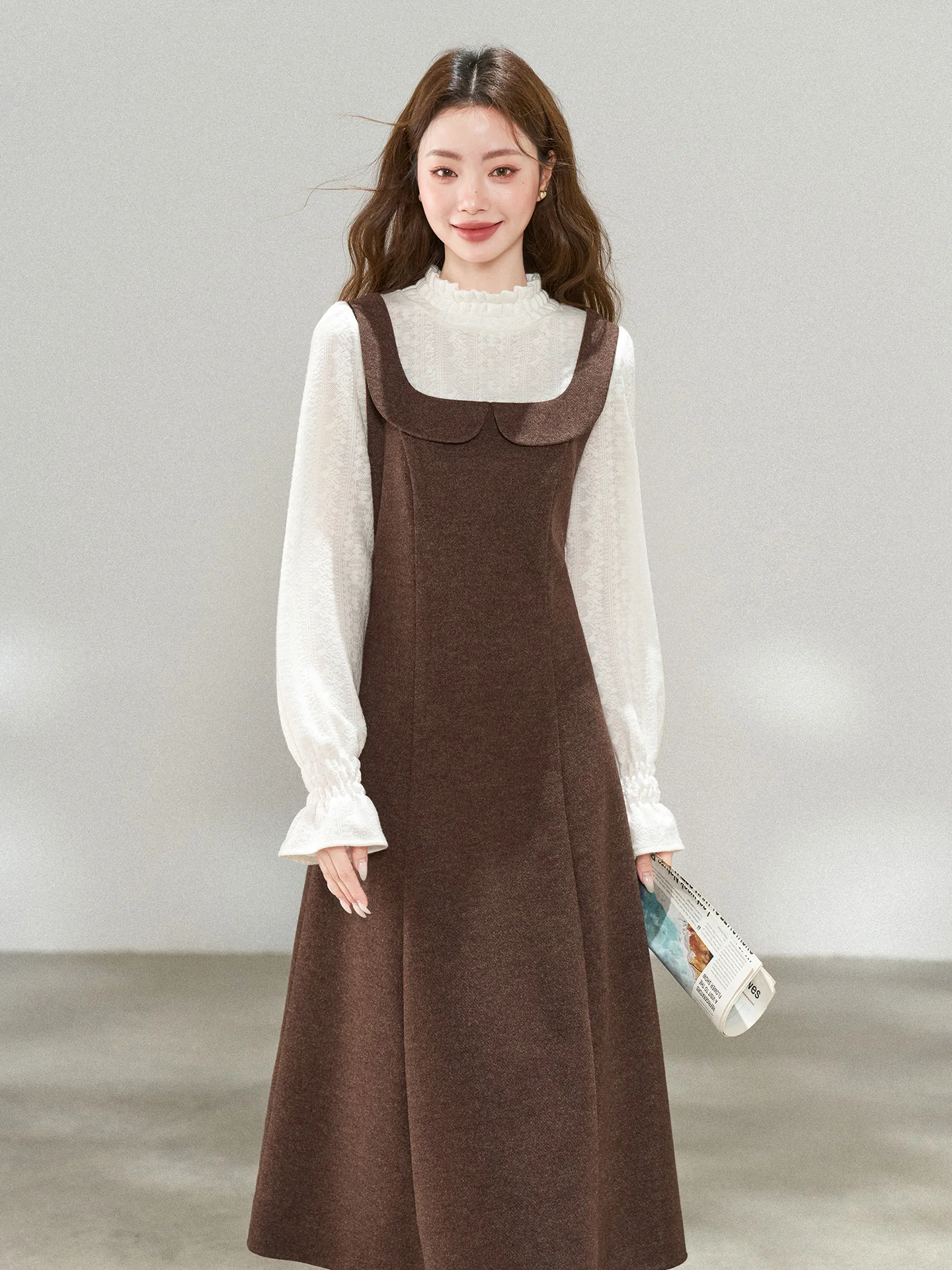 

Retro Coffee Color A-Line Dress Slimming Waist High Waist Long Skirt French Style Daily Wear Warm Long Sleeve Zipper Closure