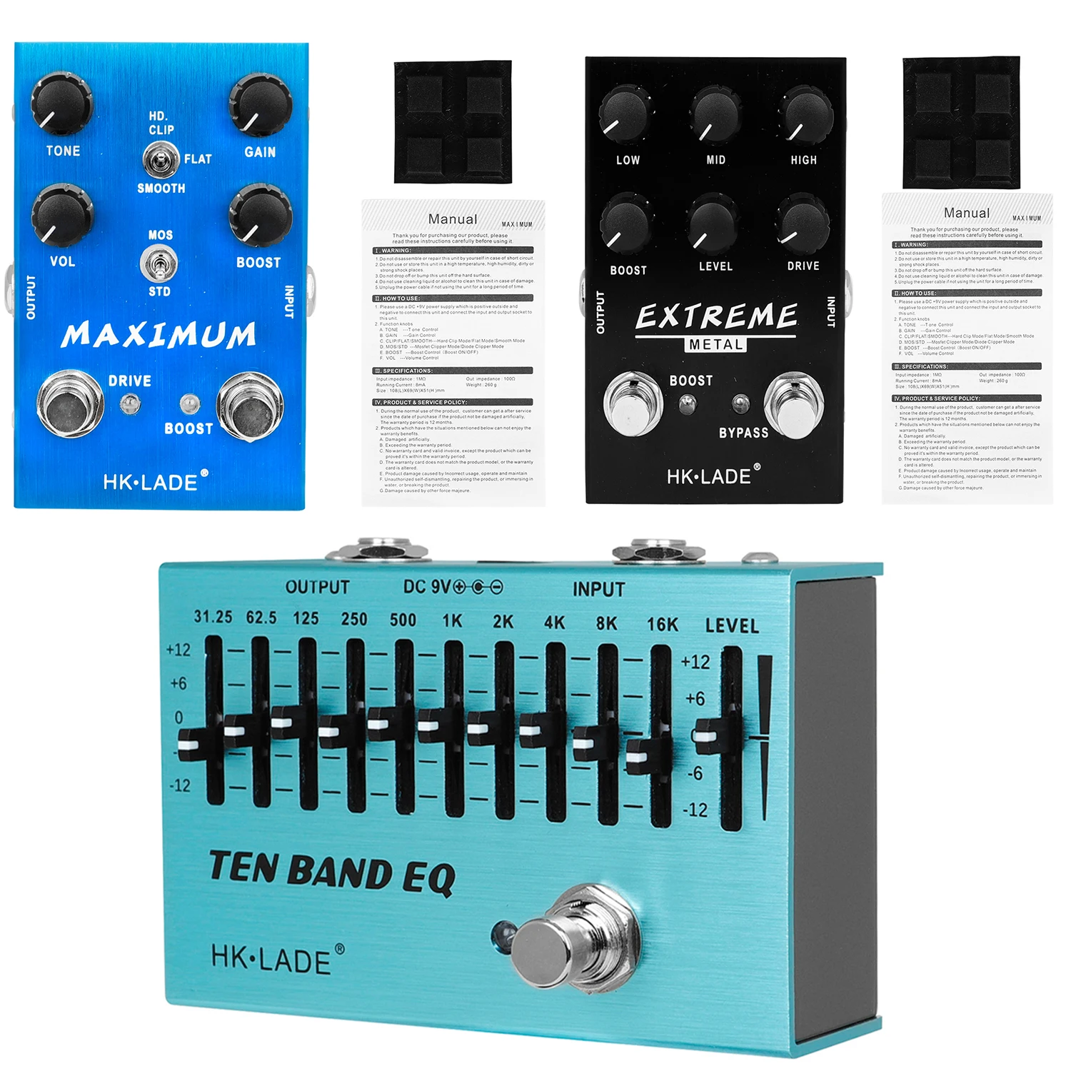 HK·LADE Electric Guitar Effect Pedal Metal Distortion Overdrive Effect TEN BAND EQ/MAXIMUM/ EXTREME Guitar Pedal True Bypass