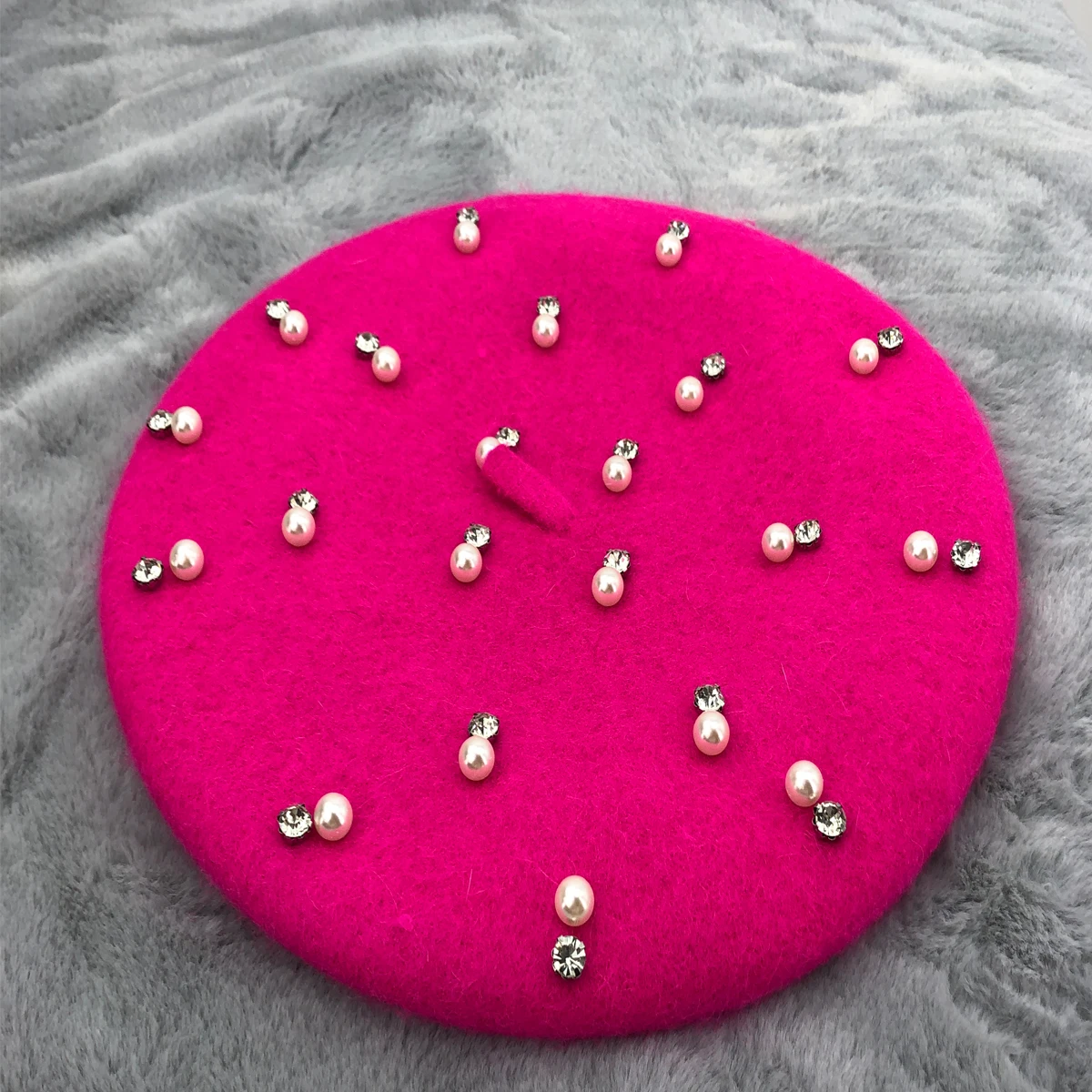 Women Solid Pink White Fuchsia Pearls Rhinestones Wool Beret Ladies Crystals Painter Hat Warm Winter Hat With Stones