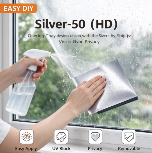 Silver 50 HD Window Film Roll PET Solar Control Anti Glare One Way Privacy Tint Simple DIY Installation For Vehicle House Glass