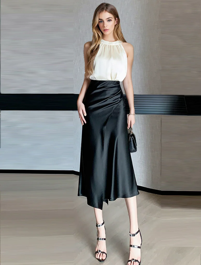 

Black Irregular Drooping Satin Fishtail Skirt For Women 2024 Fall High Waist Sexy Split Trumpet Folds Midi Skirts Female