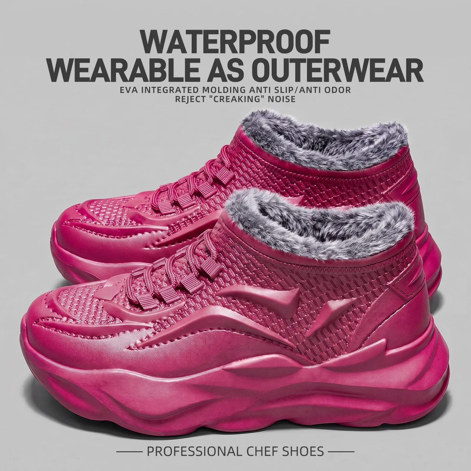 Waterproof Non Slip Work Shoes for Men Women, Warm Fur Lined Kitchen Chef Shoes, Oil Resistant EVA Restaurant Shoes