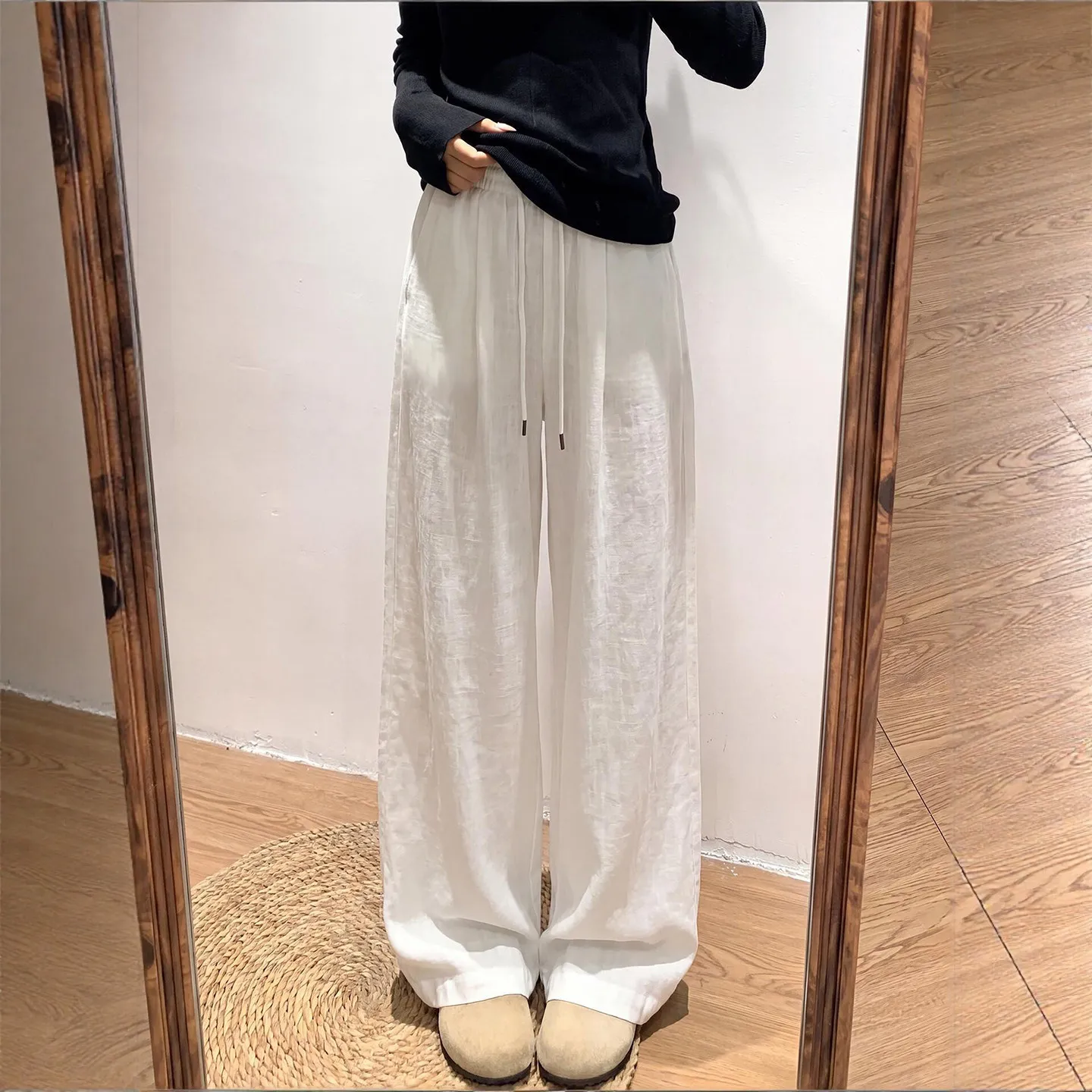 

White Ice Silk Yamamoto Pants Women's New Summer Thin High Waist Small Size Loose Casual Straight Leg Wide Leg Long Trousers