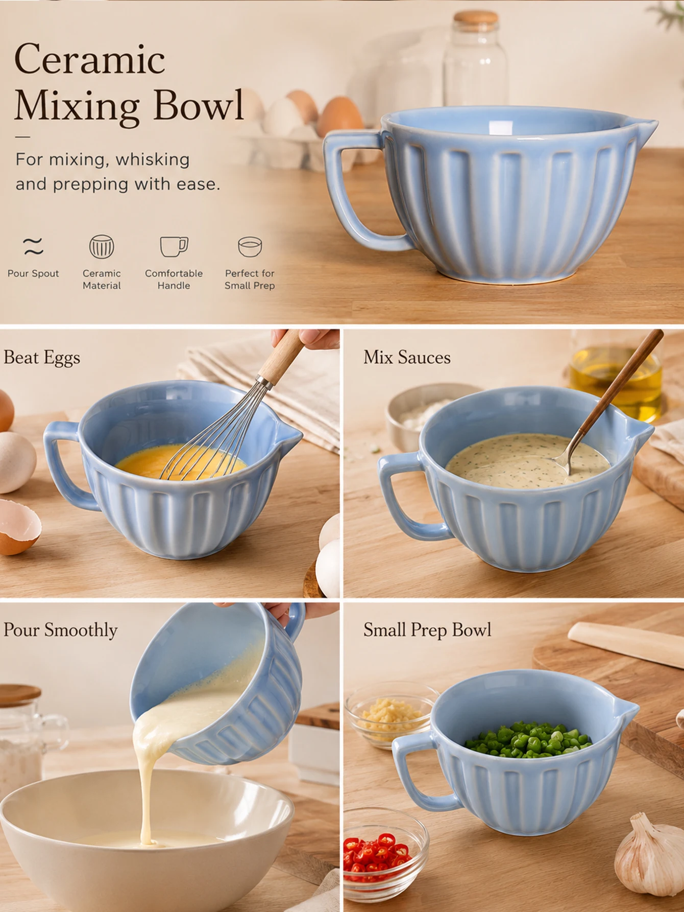 Small 240ml Ceramic Mixing Bowl with Handle, Mini Egg Beating Bowl, Portable Baking Prep Bowl for Kitchen Whisking