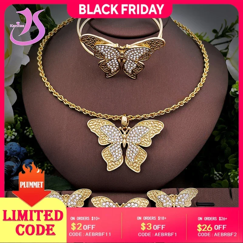 

Elegant Butterfly Jewelry Set Luxury Zircon Necklace Bracelet Earring Ring Set African Dubai Gold Color Jewellery Wedding Gifts
