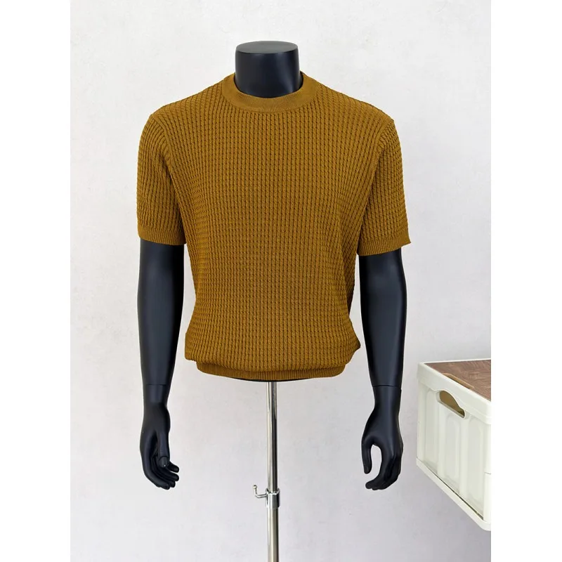 Summer Round Neck Knitted T-shirt Short Sleeved Solid Color Loose Casual T-shirt Ice Silk Breathable Business Social T-shirts