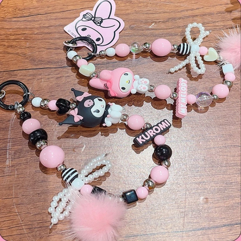 Miniso My Melody Pink Bead Chain Keychain Phone Chain Bag Pendant Anime Cartoon Cute Home Furnishings Girl Festival Accessories