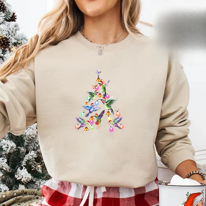 عيد ميلاد سعيد شجرة الطيور الخريف والشتاء البلوز عطلة أضواء الطرف الدفء هوديي طويلة الأكمام مطابقة هوديس