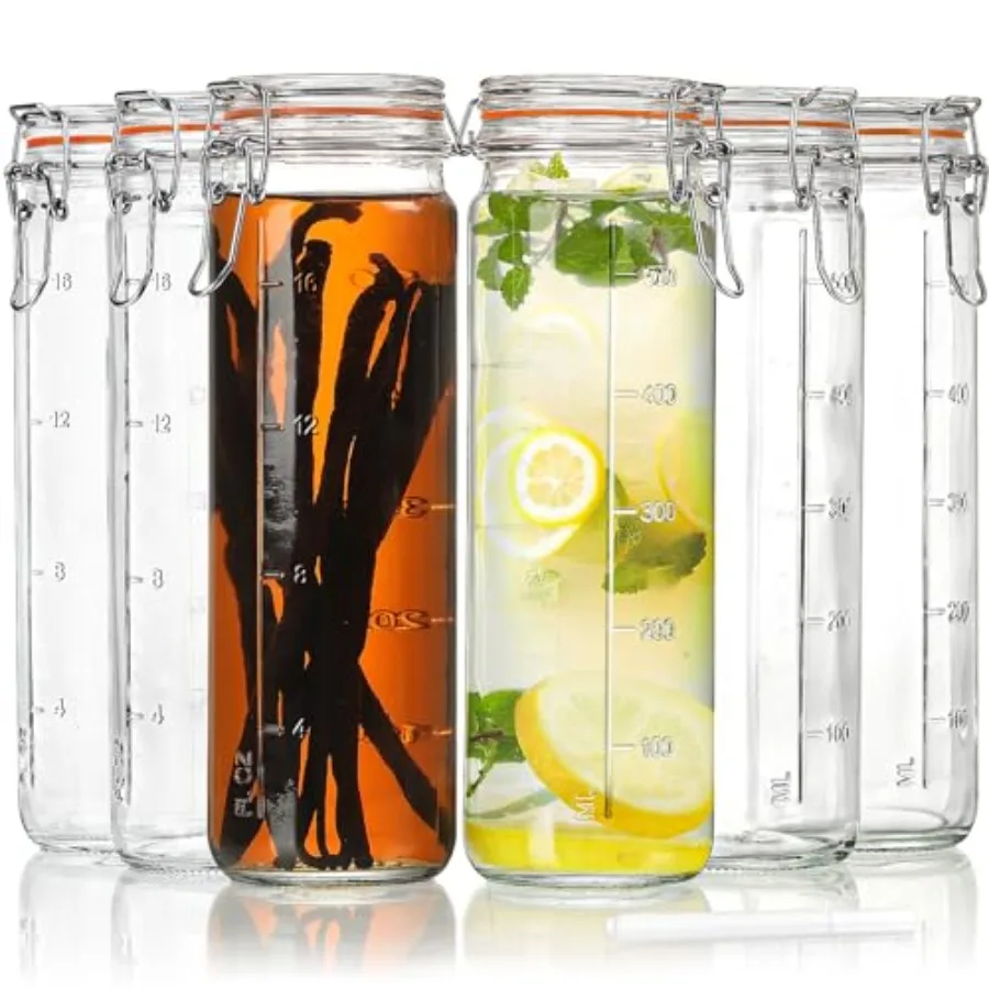 

[Upgraded] 20 oz Glass Jars with Airtight Lids for Vanilla Extract, 6 Pack Glass Juice Bottles with 2 Measurement Marks, Glass