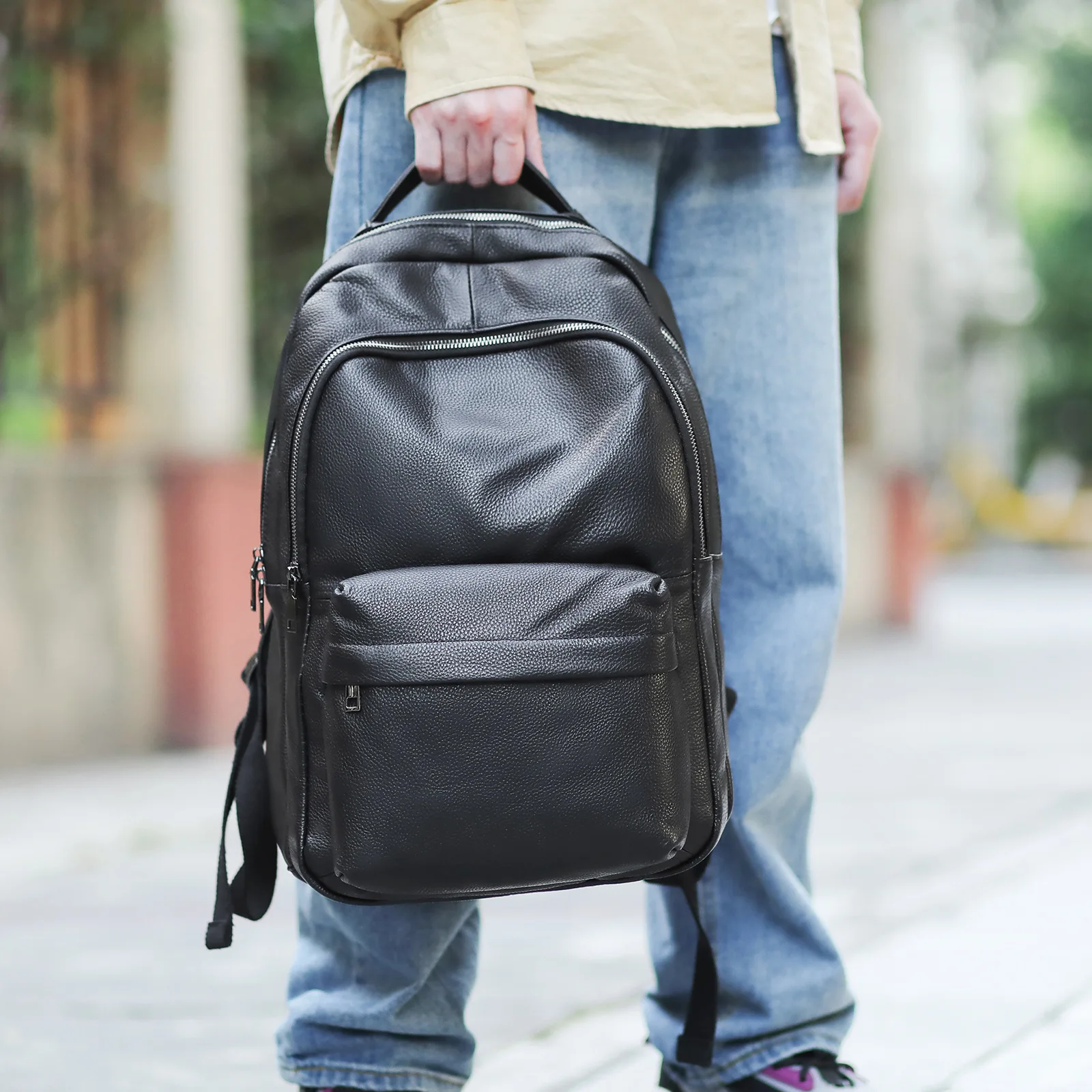 

Black Leather Laptop Backpack Multi Pocket Casual Business Daypack Large Capacity Water Resistant Travel Rucksack
