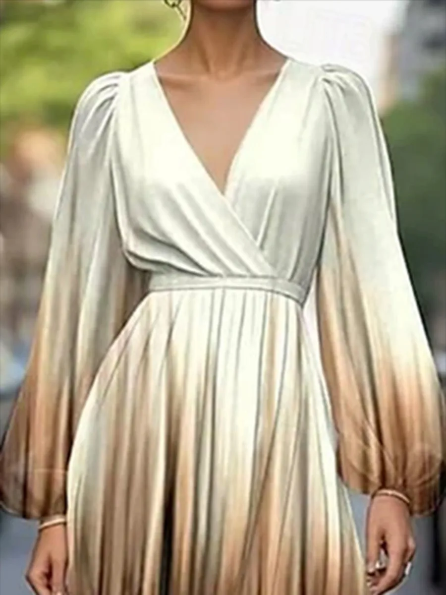 Freeacy 2026 Summer Women's Midi Dress V-neck Puff Sleeves High Waist Pleated Evening Dress Elegant Gradient Party Dress