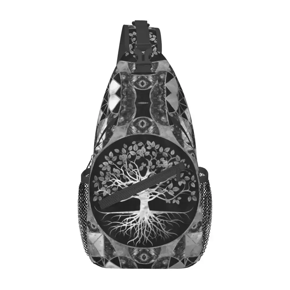 Tree Of Life Gray Scale Gemstone Sling Bag Men Cool Vikings Yggdrasil Shoulder Crossbody Chest Backpack Travel Hiking Daypack