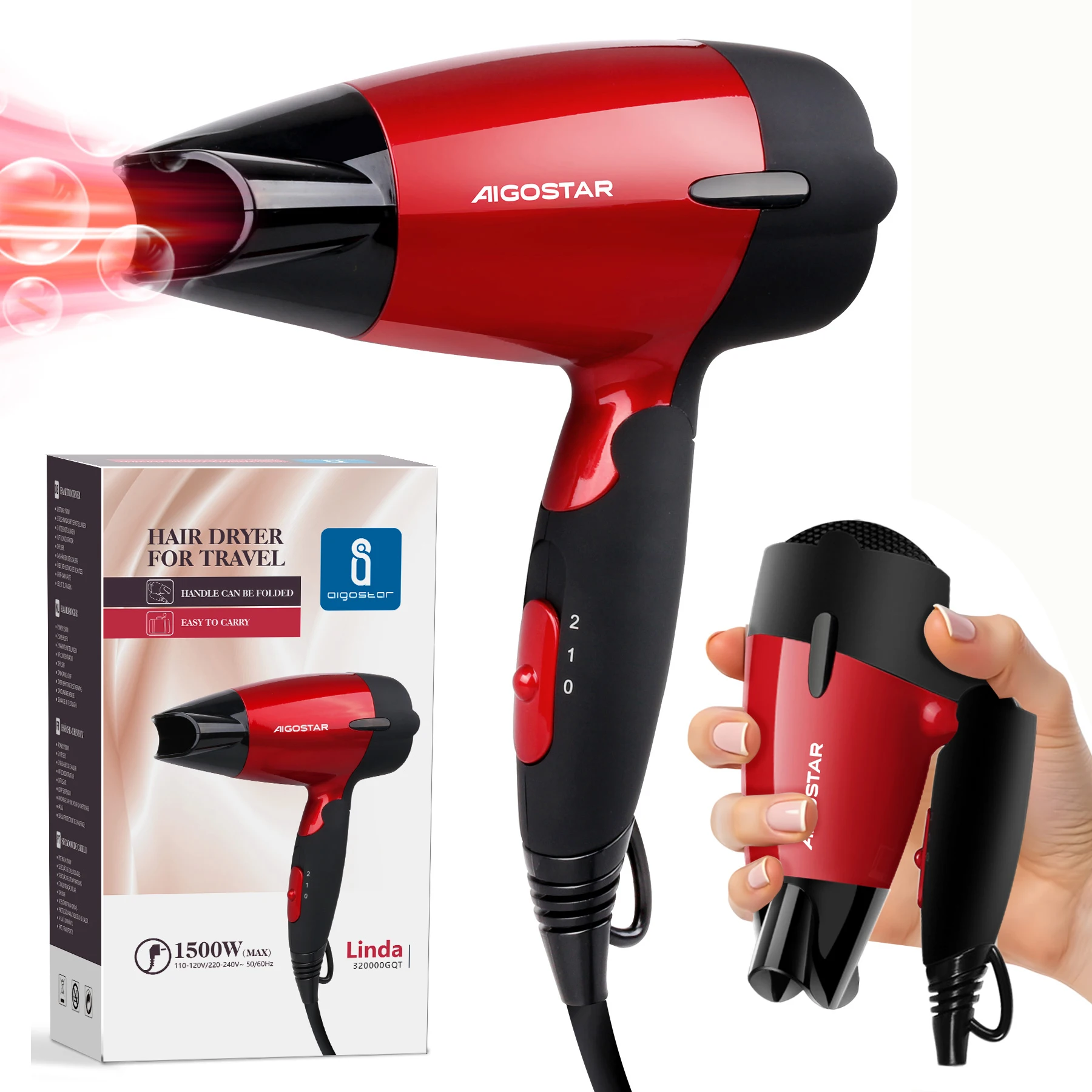 Aigostar Haartrockner Reisefön Klein Klappbar， 1500Watt Fön， Föhn Mit Stylingdüsen， Fön Klein， Schnelles Trocknen， 2 Heiz， für Familien/Reise/Salons