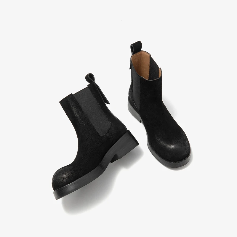 BEAUTODAY Chelsea Boots Women Cow Suede Leather Elastic Band Round Toe Retro Ankle Boots Slip-on Ladies Shoes Handmade 03738