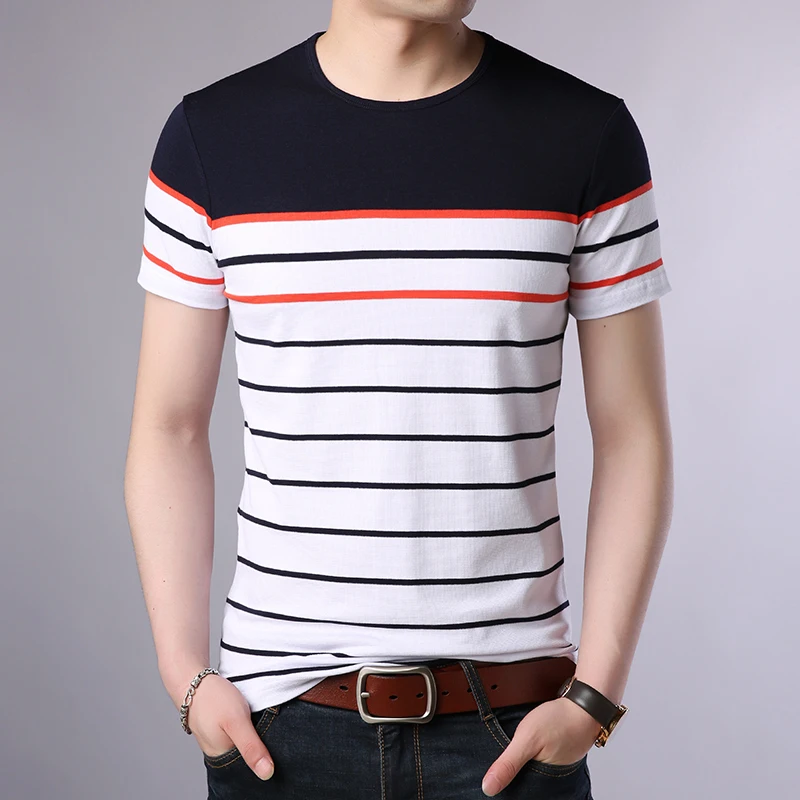 Knitted Striped T Shirt For Men Short Sleeve Cotton Viscose Slim Summer Quality Soft Comfortable Casual Tees Camisetas De Hombre