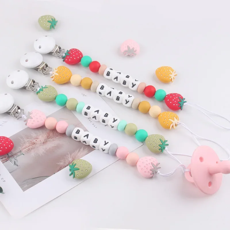 

Baby Personalized Name Pacifier Clip Silicone Strawberry Dummy Nipples Holder Chain Teething Toys Chew Gifts Newborn Accessories