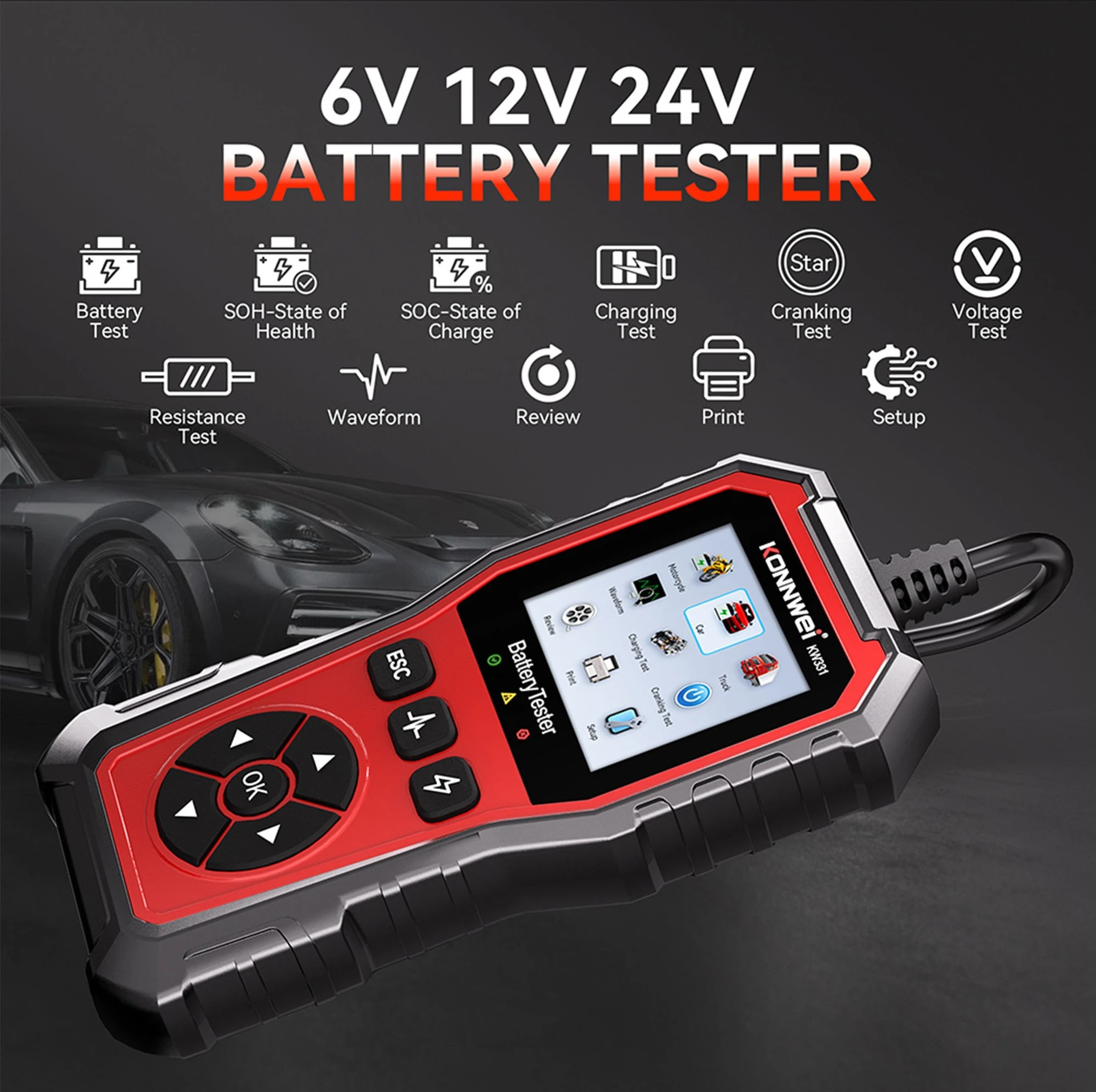 6V 12V 24V Car & Motorcycle Battery Tester, Support Scan QR Code to View Test Report, Lead Acid & Lithium Battery Analyzer