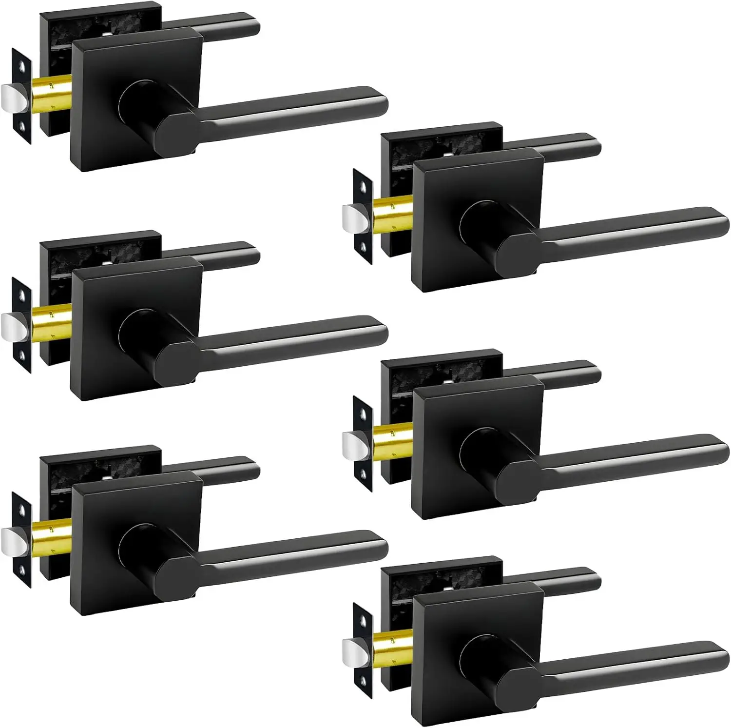 

6-Pack Black Heavy-Duty Interior Door Handles, Square Non-Locking Locksets for Closets and Hallways, Reversible Left/Right