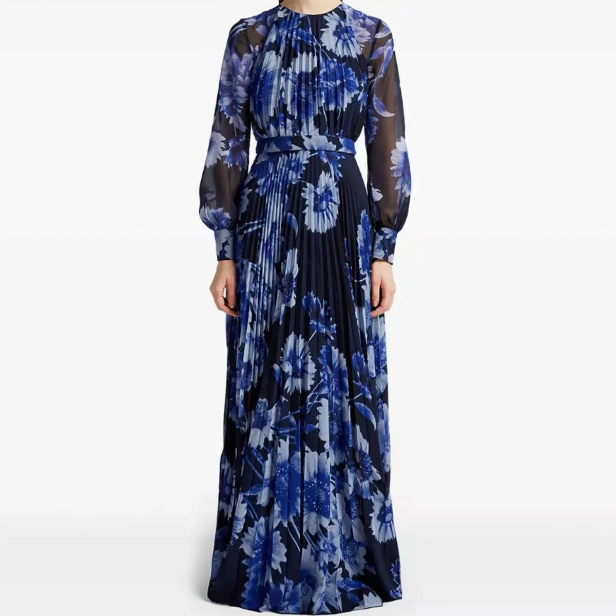 

2025 Blue Floral Print Long Draped Dresses Women Stand Ruched Long Dress Holiady Summer A-Line Robe Elegant Sashes Maxi Vestidos