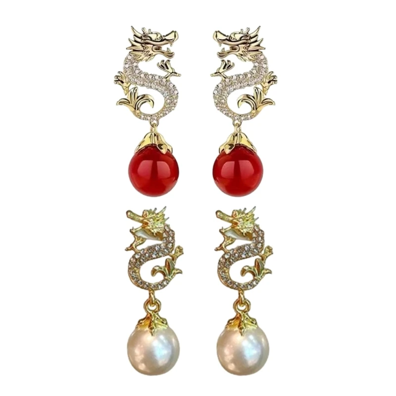 Stylish Dragon Year Ear Studs Adornment Fashionable Dragon Ear Studs Accessories with Pearls Pendant for Fashion Lovers