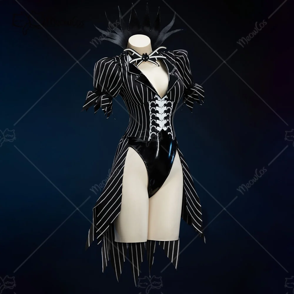 US Stock MEOWCOS Women's Halloween Sexy Bunny Girl Suit Black White Striped Irregular Bodysuit with Sleeves and Socks Costume view 2
