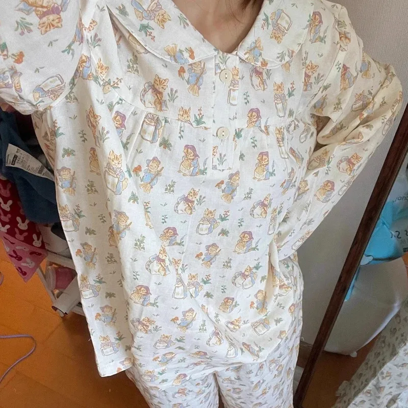 Women's Pajamas New Autumn Spring Long Sleeve Soft Sleepwear Set Striped cartoon pyjama Woman Home Nightwear Set Cardigan