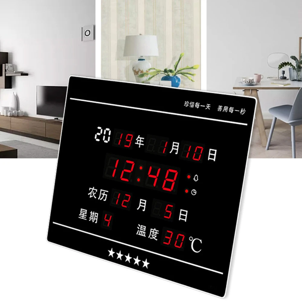 LED Ewiger Kalender Elektronische Uhr Digitale Wanduhr Wecker Stündlich Chiming Temperatur Tischuhren Wohnzimmer Dekoration