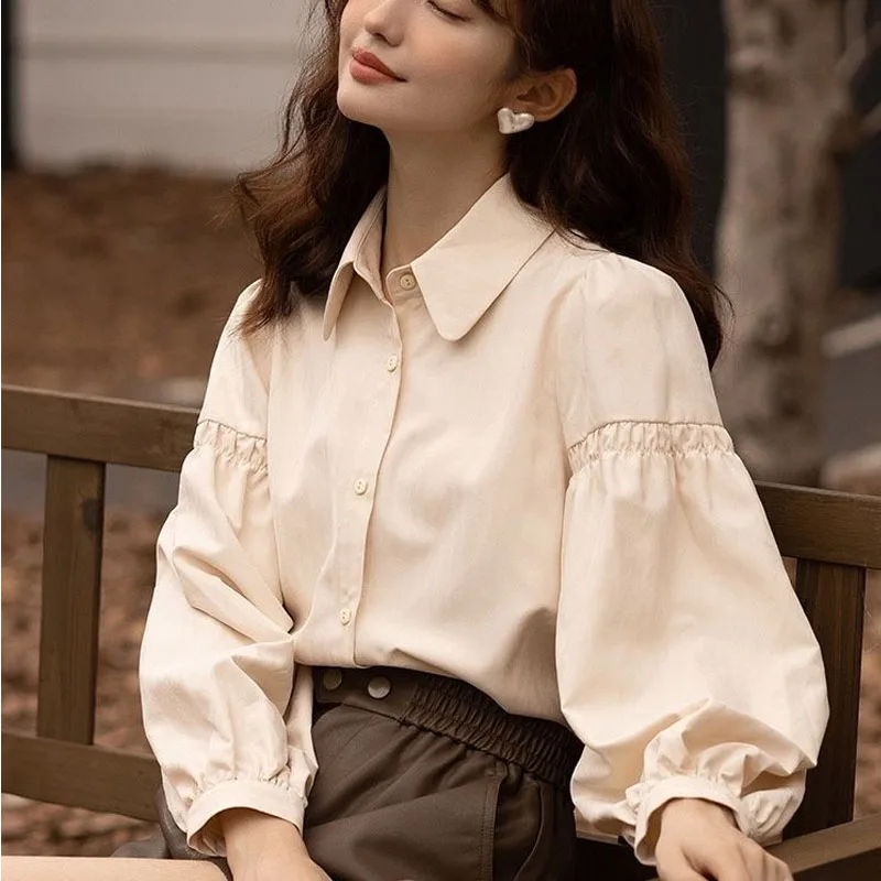 2023 Spring and Autumn Women\'s Fashion Solid Color Bubble Sleeve Shirt Korean Version Slim Lace Lantern Sleeve Shirt