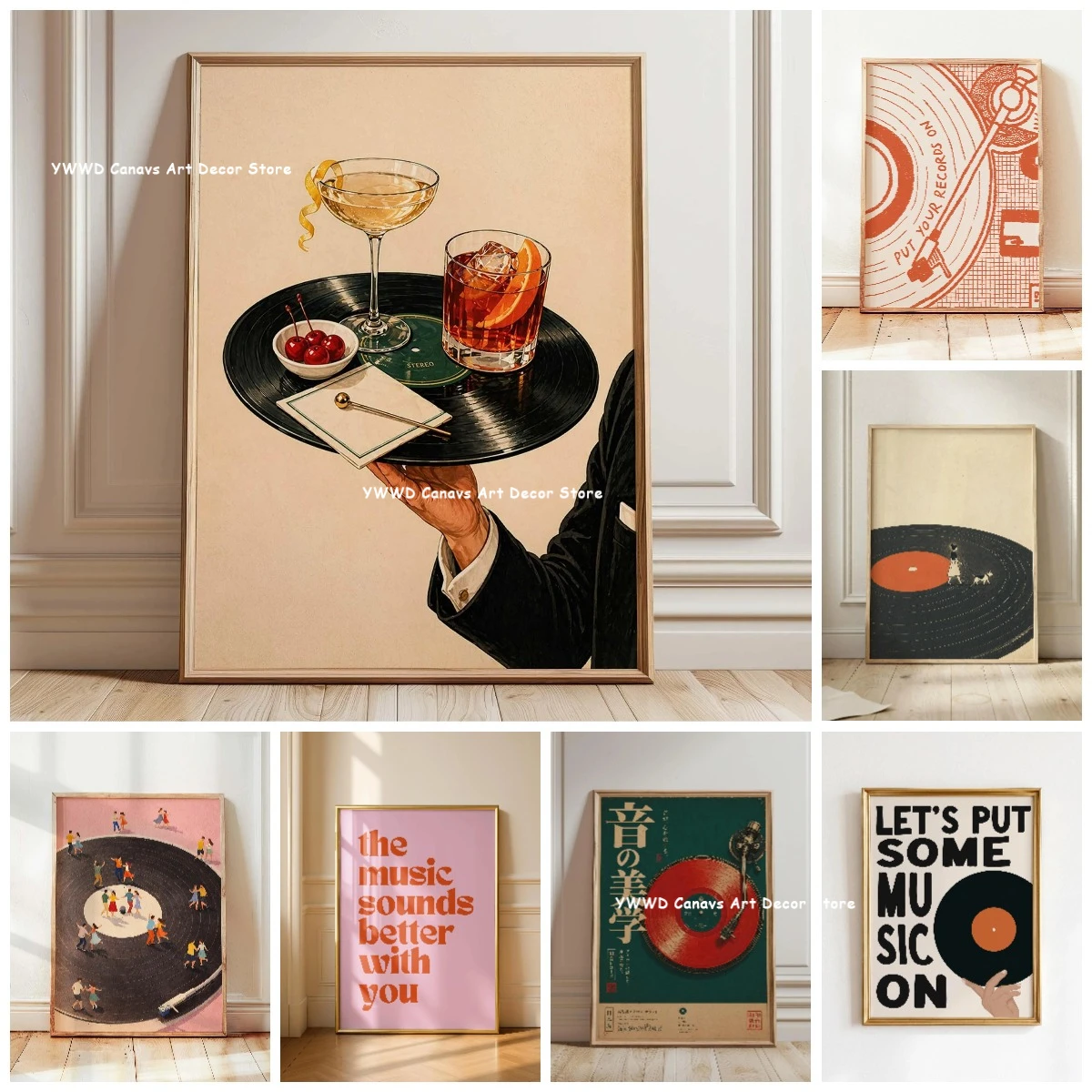 Retro Cocktail Schallplatten-Bartablett Leinwanddruck Musik Klingt Besser mit Dir Japanisches Wandkunst-Poster für Moderne Heimdekoration