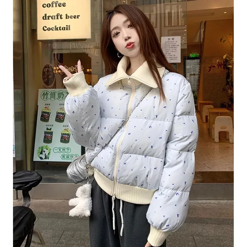 Ladies Fashion Sense Short Lapel Floral Bread Coat Female Winter Loose Padded Coat Cotton-Padded Jacket Pocket Temperament Coat