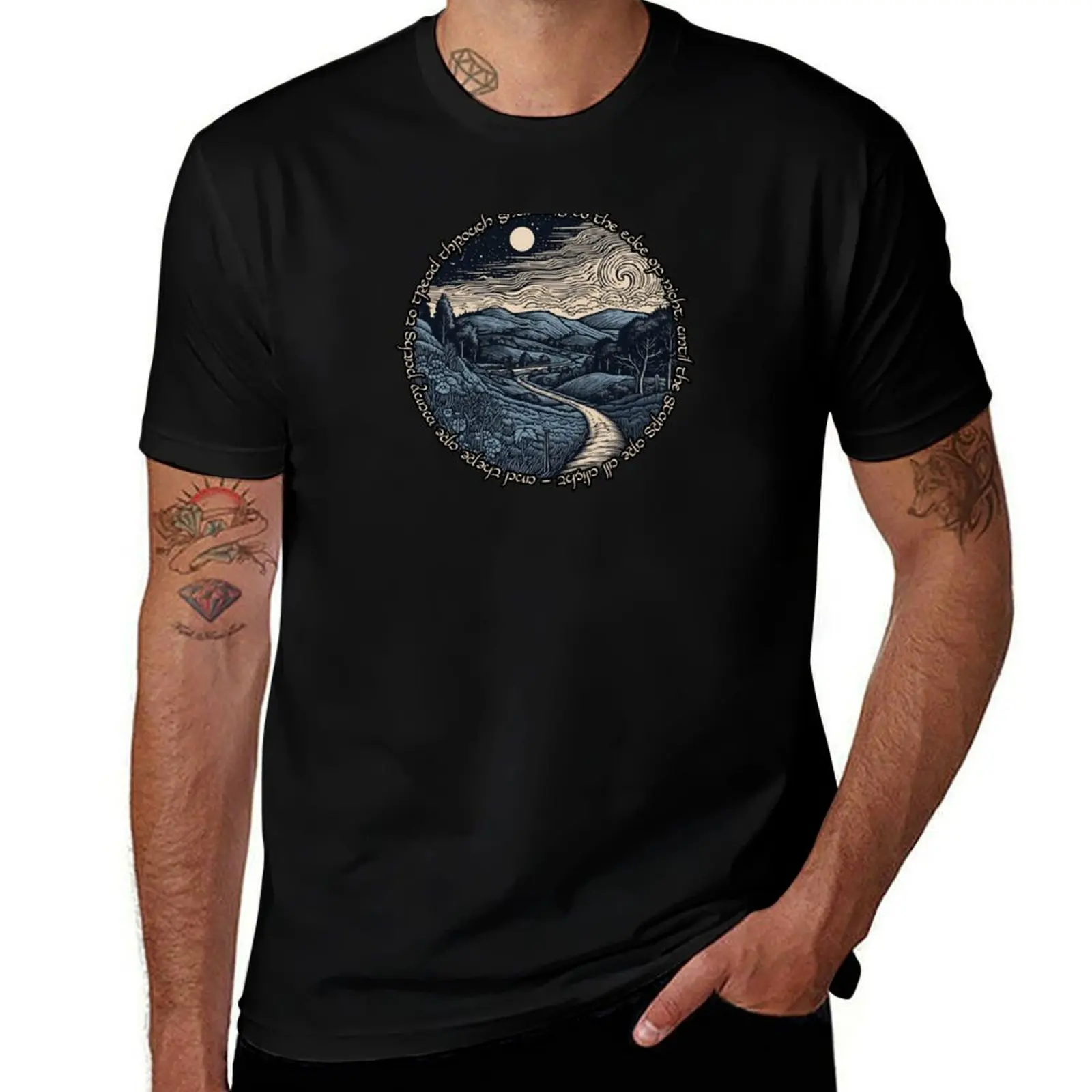 And there are many paths to tread - Quote - Winding Road - Lineart- Fantasy T-Shirt Large Size Loose Casual Tee