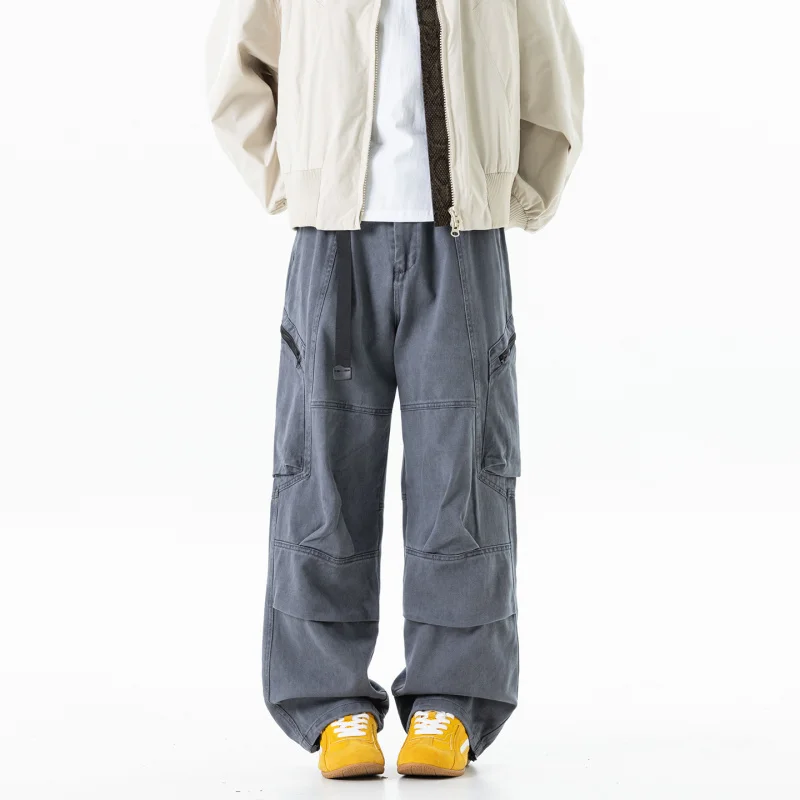 

Men's American Solid Color Deconstructive Work Pants Rugged Handsome Large Pocket Casual Pure Cotton Youth Straight Leg Wide Leg