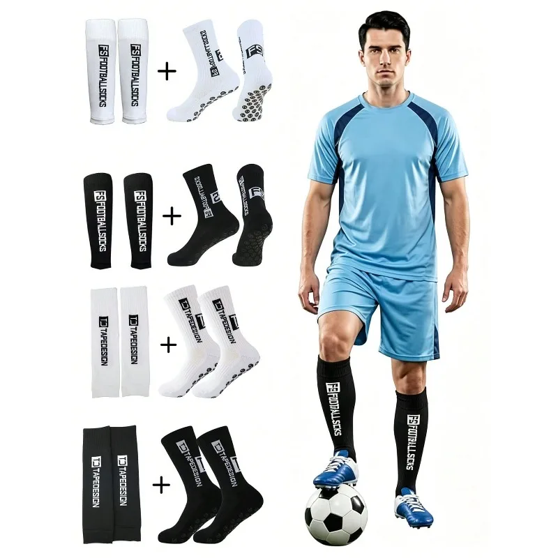 1 set of breathable elastic knitted sports socks and leg protection socks, anti slip silicone pad football socks set