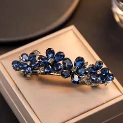 Fermaglio per capelli a molla con fiore di cristallo blu coreano fermaglio orizzontale con strass Vintage Clip superiore accessori per capelli moda mamma elegante