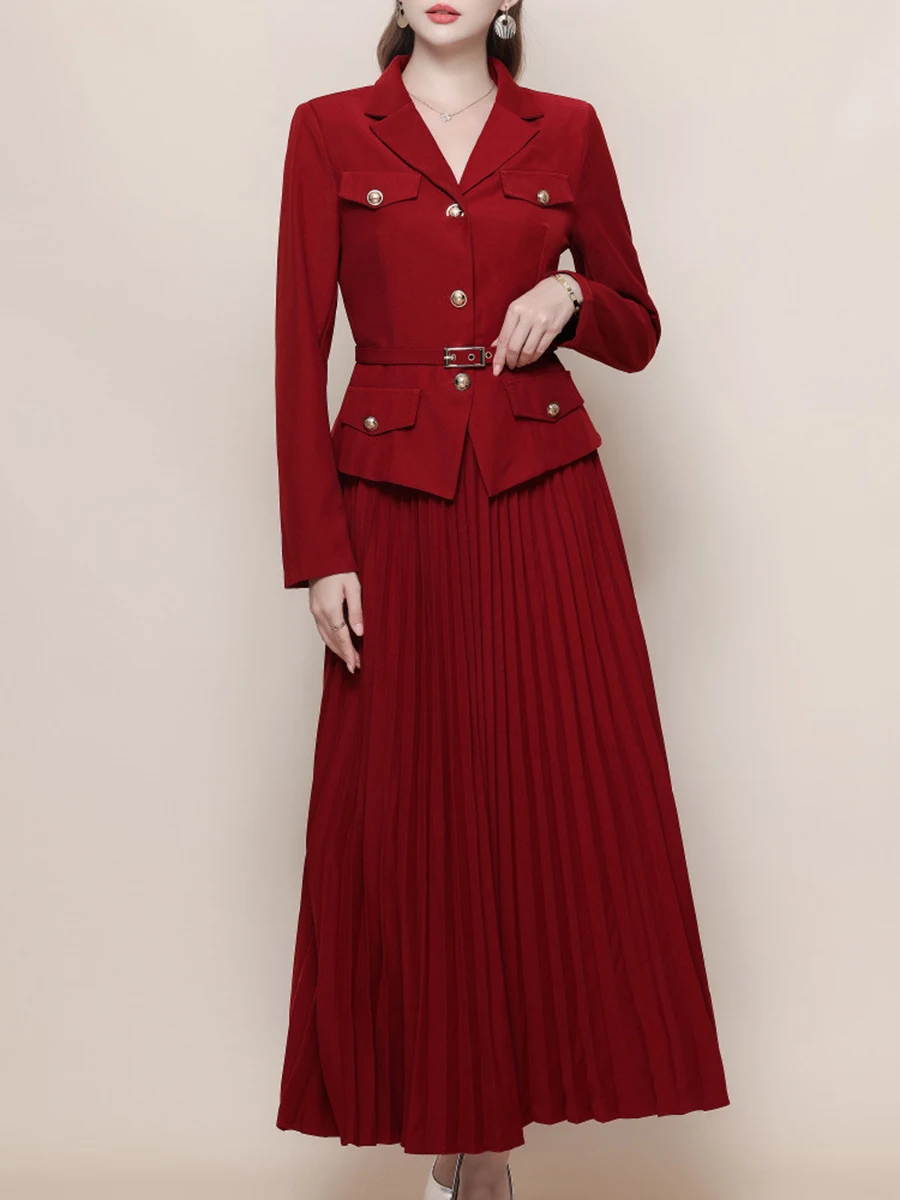 Vgh emagrecimento sólido conjuntos de duas peças para mulheres com decote em v manga longa superior cintura alta saia drapeada casual conjunto de viagem moda feminina nova