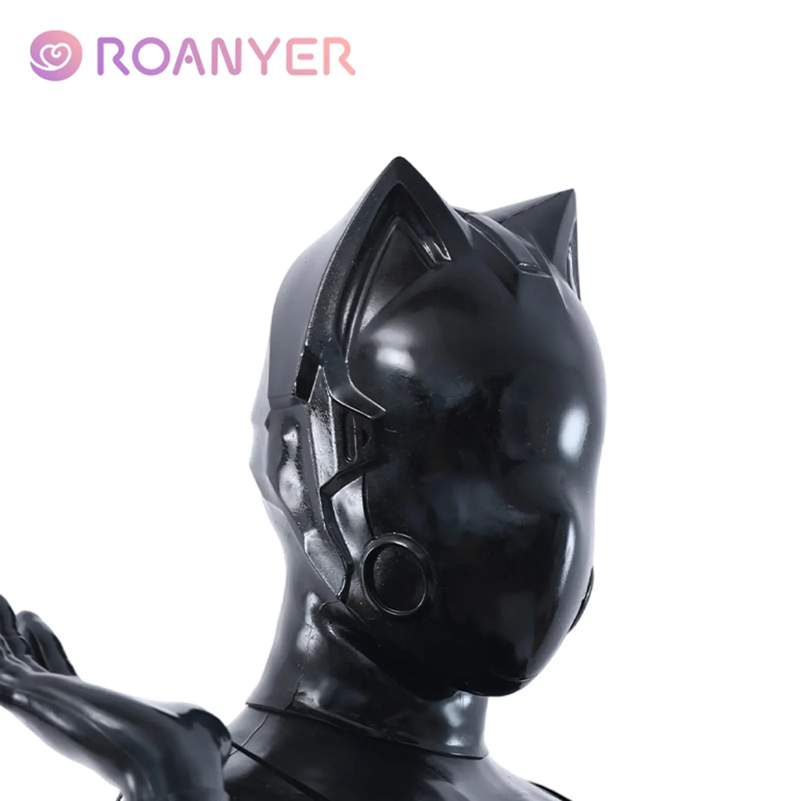 Roanyer Black Cyber Cat Gloss Soft Silicone Mask with Gag Micro-Hole Eyes Costumes for Halloween Party Cosplay