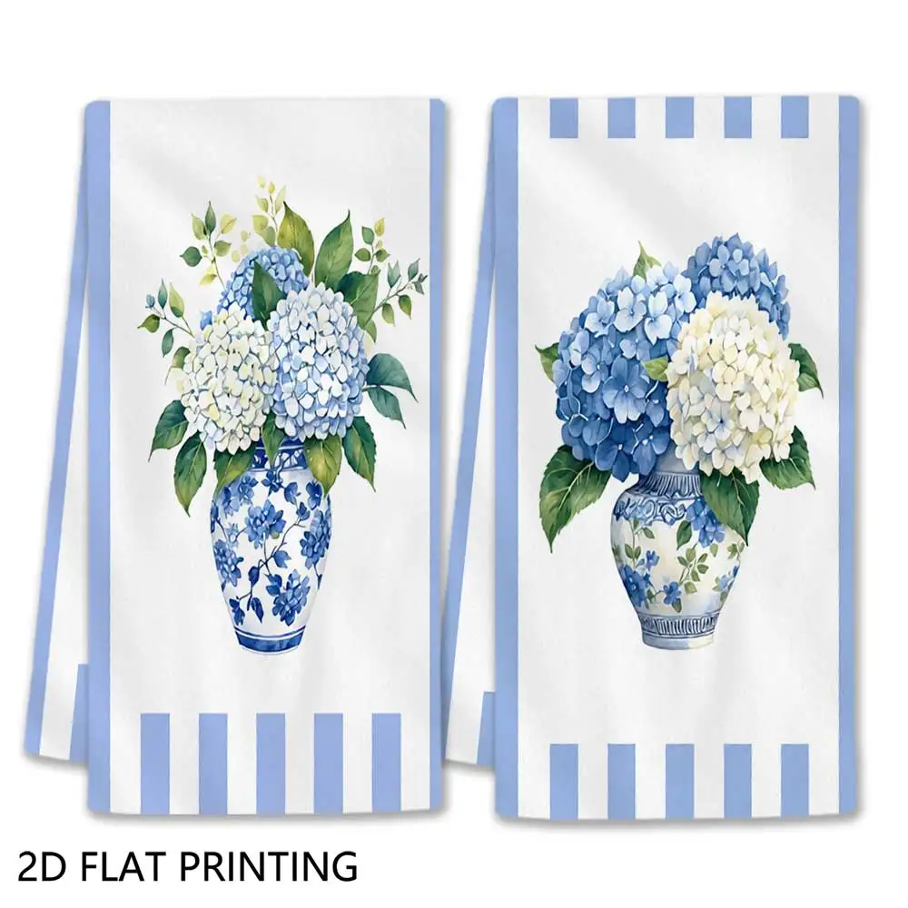 Jit 2pcs Blue Hydrangea Chinoiserie Vase Striped Pattern Dish Towels For Home Kitchen Farm Decor