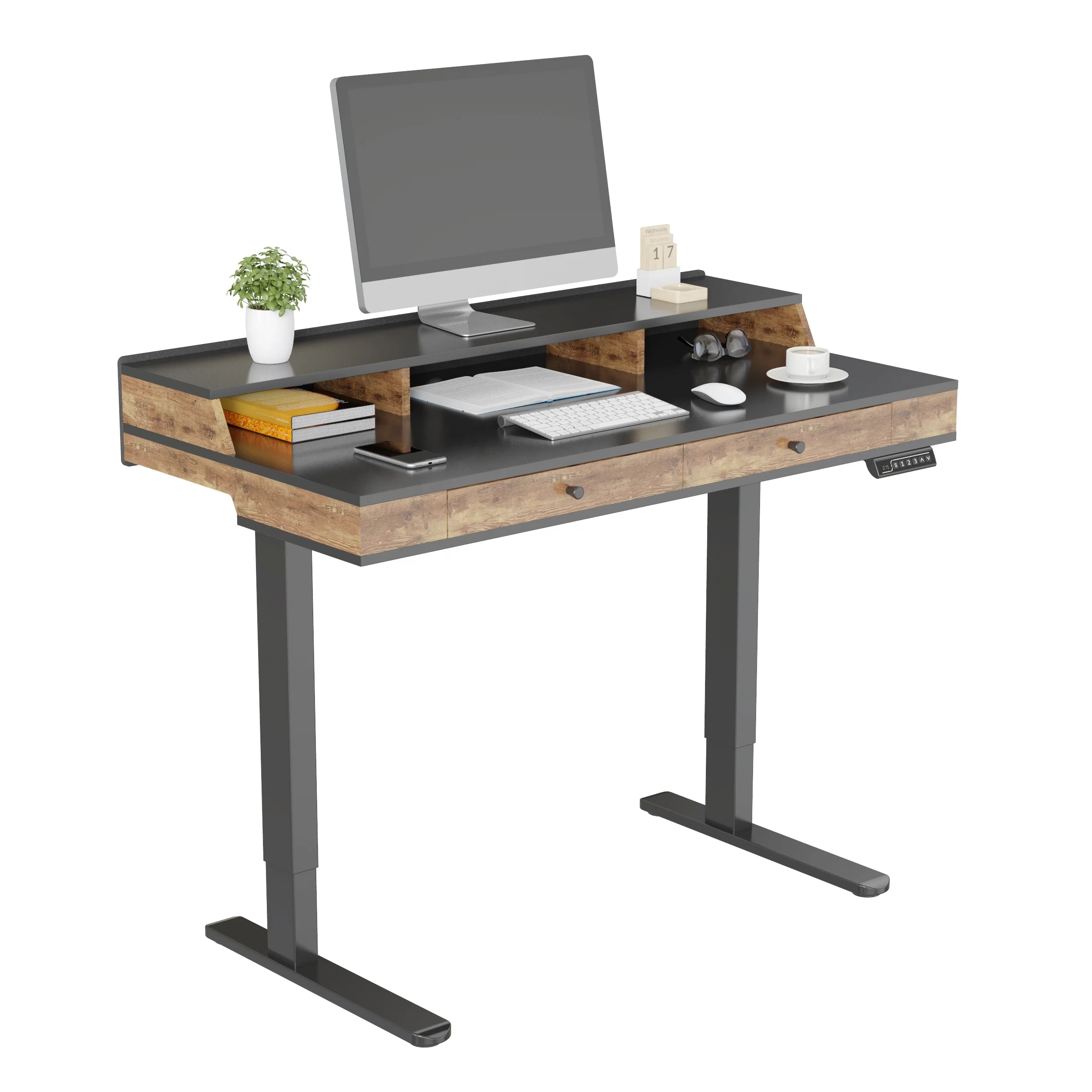 Height Adjustable Standing Desk Modern 3-compartment Storage Desktop 5-button Handle Dual Drawer Load 70kg/154lbs