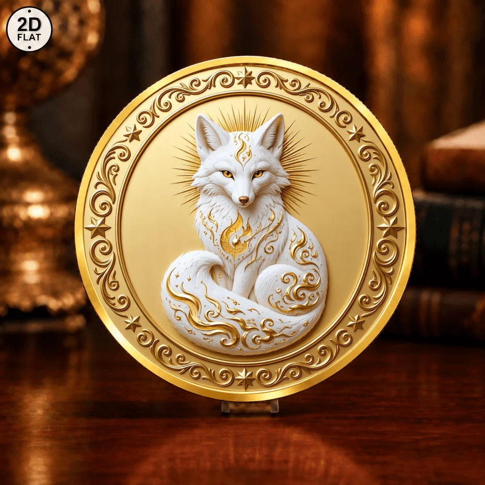 1pc Mystical White Fox Commemorative Coin 2D UV Print Fantasy Myth Animal Art Challenge Medal Keepsake Gifts for Mythic Lovers