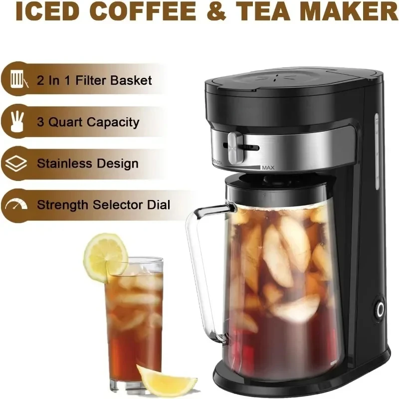 Iced Tea and Iced Coffee Maker Brewing Sliding Strength Selector for Customizable Flavors, Stainless Steel