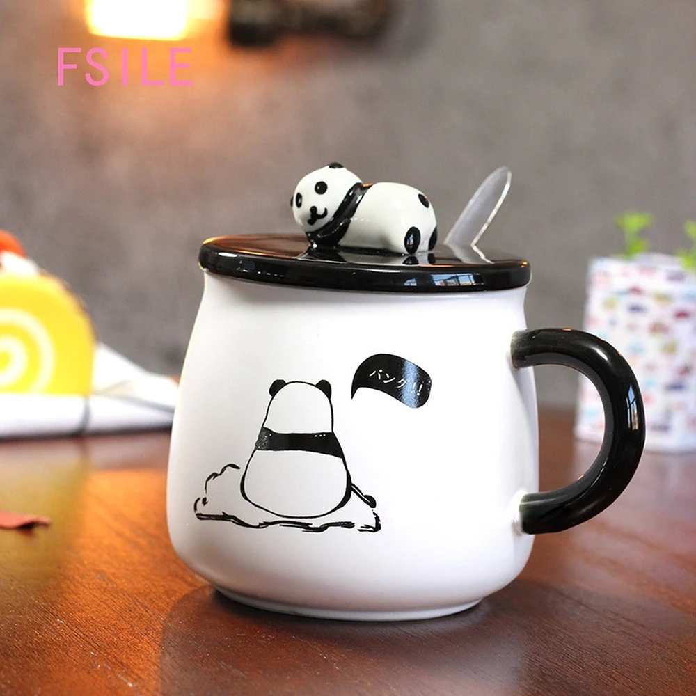 

HF FSILE 400ML Creative Cute Cartoon Panda Ceramic with Lid with Spoon Mug Home Breakfast Milk Coffee Cup We Drink Water Cups