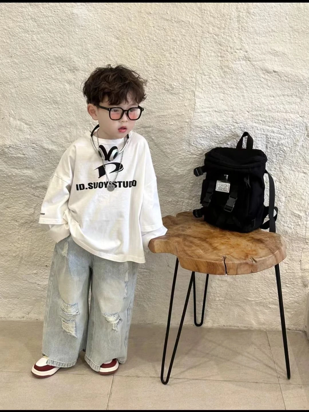 2-9 Yrs Baby Boys Spring and Autumn Korean New Children\'s White Loose Two Sleeve T-shirt+Hole Jeans Set Boy Outfits Kids Clothes