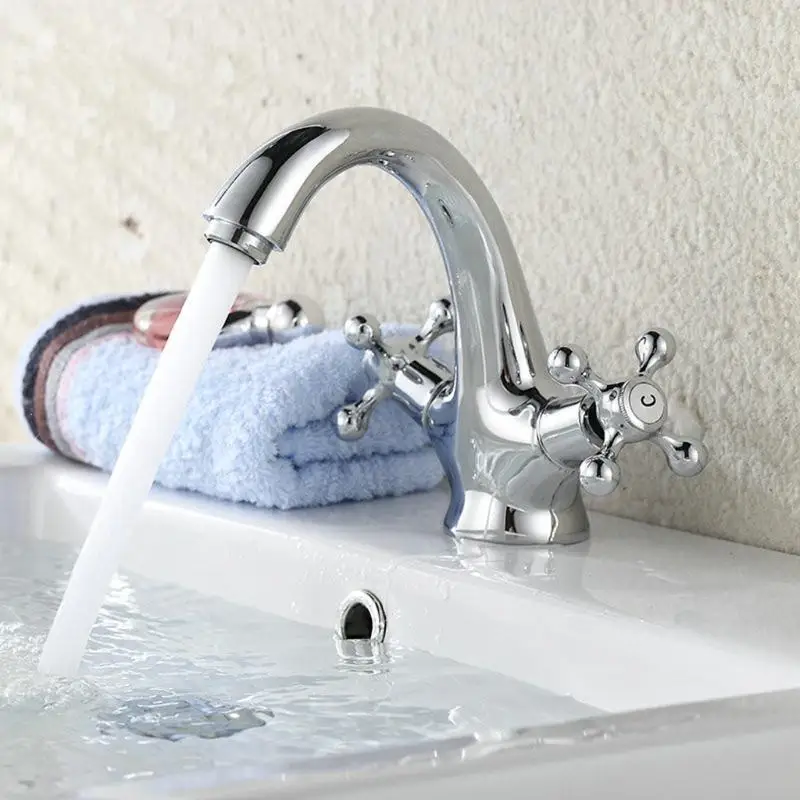 

652F Bathroom Sink Faucet with Double Handle Single Hole Deck Mount Cold Hot Mixer