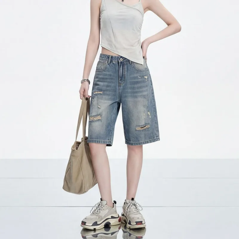 American Vintage Loose Wide Leg Denim Knee Length jeans Women shorts High Waist Stretchy Bermuda Jean Baggy Jorts Y2K Streetwear