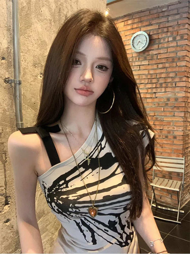 Koszulka z odkrytymi ramionami Vintage Lata 90. Damska Koszulka z Detalem Szwu Koronką Wysoka Jakość Sznurek Lekka Podstawowa Jednolita Krótka Dopasowana