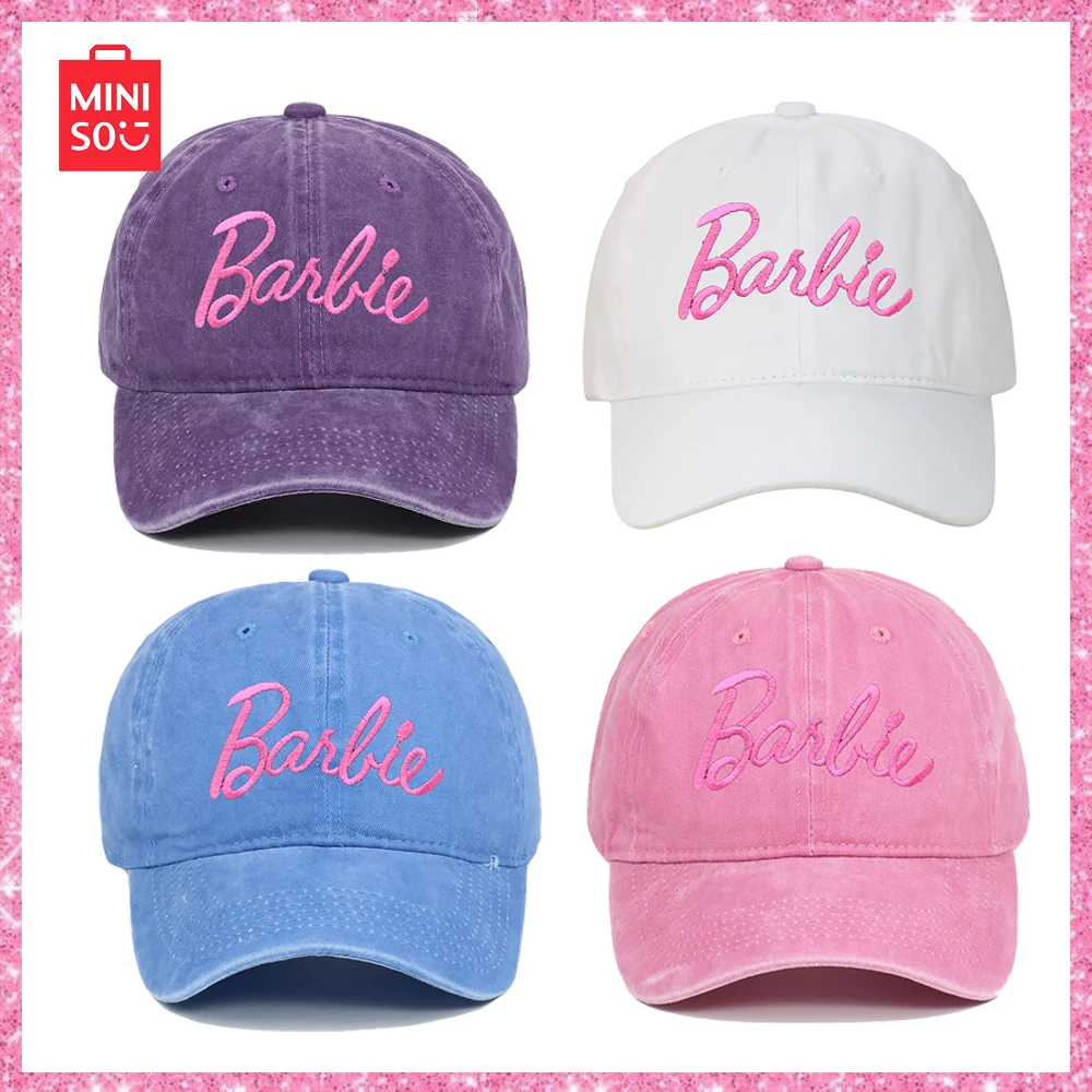 

Miniso New Barbie 2024 Vintage Washed Dopamine Baseball Cap Trendy Embroidered Curved Brim Duck Tongue Cap for Christmas Wear